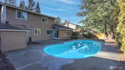 Another view of this backyard, pool and small shed/pool house.