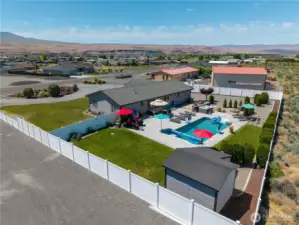 Aerial view of pool and patio.