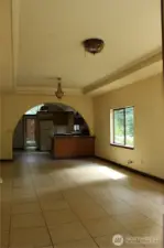 Open living room with coffered ceiling
