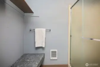 There is a shower in this room. Great for coming in with sandy feet or just an extra shower for guests.