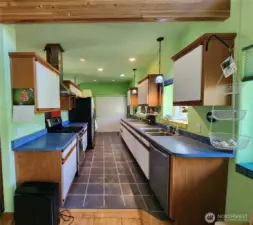 Main home kitchen with dishwasher and custom light fixtures