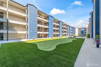 The Baker Building has a huge central courtyard with a putting green and Bocce Ball. There is ample outdoor seating for a party too.