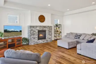 The hardwood floors are simply stunning, beautifully complementing the cozy gas fireplace and a decorative wall with vertical trim accents that add subtle elegance.