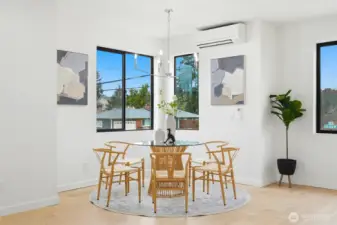 Dining space with contemporary chandelier