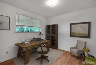 One of two bedrooms both with hardwood floors. This one is virtually staged as an office.