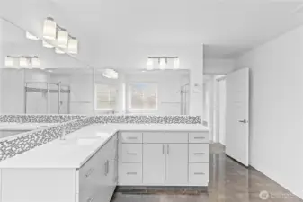 L-Shaped Vanity provides extra countertop space & extra storage!