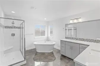 5 PC en-suite with standing tub and walk in shower with tile walls.