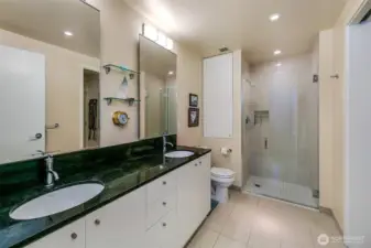 primary bath private and out looks in to the city sky line