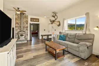 Cozy living space with wood stove.
