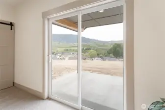 established views from slider in primary-leading to covered rear patio, with plug for hot tub!