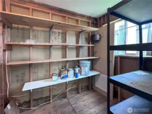 Shed with storage shelves.