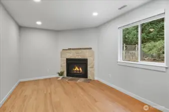 Family Room with wood-burning fireplace