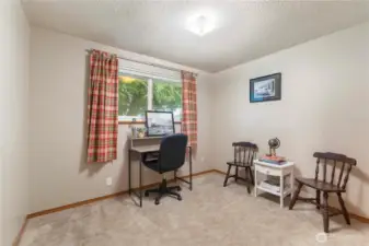 Bedroom #2 faces the park and is shaded by large tree in front yard. Great office or bedroom. Very nice storage system in the closet.