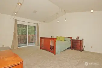 Massive ceilings in this primary bedroom, enjoy water views from your private balcony!