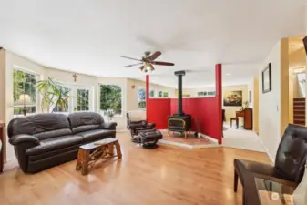 Great room with cooktop woodstove.