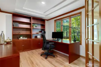 Sun-drenched office with custom built-ins, tray ceiling and oversized windows overlook the front of the home, creating a bright and inspiring space for remote work or study. French doors add elegance and privacy.