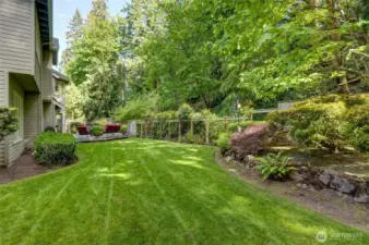 Large fully fenced backyard with a beautifully manicured lawn, mature landscaping, and forested backdrop. Ideal for outdoor play, pets, or peaceful relaxation.