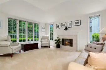 Bright and inviting formal living room with soaring ceilings, a cozy gas fireplace, and expansive picture windows. A space perfect for entertaining or relaxing in natural light.