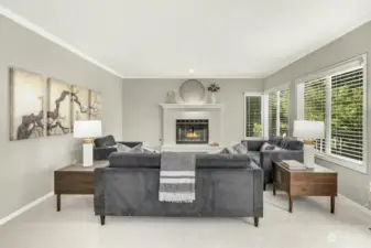 Family room off kitchen is warm and inviting with gas fireplace and lots of windows.