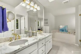 Master bath with double marble vanity. The marble in all the baths is genuine and was just cleaned, polished and sealed.