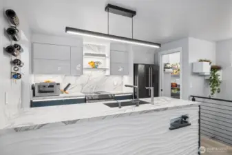 This modern kitchen boasts custom cabinets, high-end countertops, premium appliances, and a sleek backsplash, where style meets function.