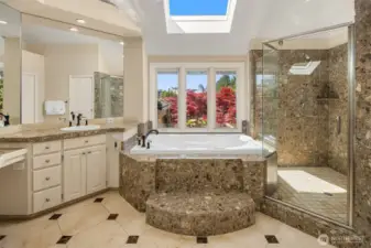 Large walk in shower, and a premium jetted soaking tub for the ultimate in bathing indulgence. The Bain Ultra tub is equipped with hydro-thermo massage and aromatherapy system that provide targeted relief for sore muscles, while the ergonomic design cradles your body for ultimate relaxation.