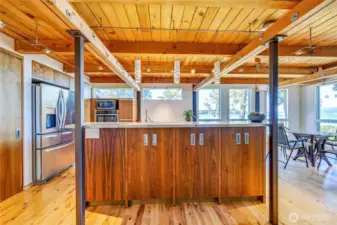 Kitchen built ins are double sided for easy access to storage.