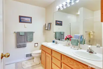 Double sinks in the primary bath, shower and soaker tub