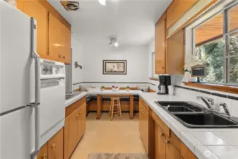 Looking into the kitchen from the formal dining area