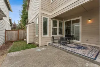 View of your side yard, covered patio. Fully-fenced and feels very private out here.