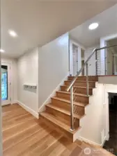 Stainless steel railings add a modern touch to this timeless home.