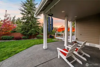 Covered patio in Horizon West home for sale in North Gig Harbor located just off the garage—ideal for grilling in the rain or year-round entertaining. Features a manicured backyard with room to play and a private, peaceful setting.