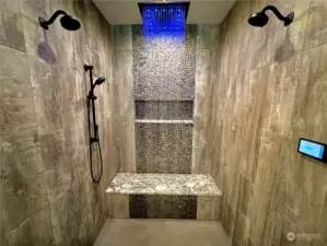 Jaw dropping walk-in shower with built-in bench & moen smart shower head to set the perfect temp for your shower every time!