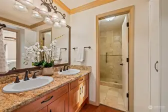 Primary bath with custom cabinetry, granite countertops, engineered hardwood floors.