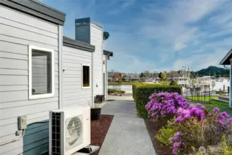 Sidewalk extends from driveway to dock, offering a scenic path to the water's edge.