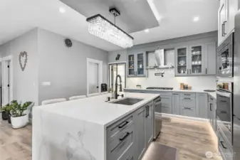 Quartz countertops and huge island.