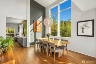 Soaring ceilings and big picture windows make this a dramatic and inviting space to entertain.
