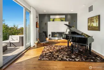 Music area has gas ribbon fireplace for cozy evenings. Sliding doors take you to a perfect balcony to enjoy sunset and views.