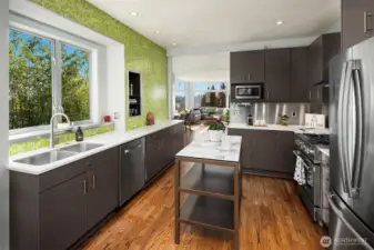 Kitchen connects the dining/living room to the outdoors and is chef-ready. Gas Bluestar range, Bosch dishwasher and stainless GE Fridge.