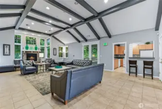 An attached kitchen in the gathering space provides convenient access for food preparation during events.