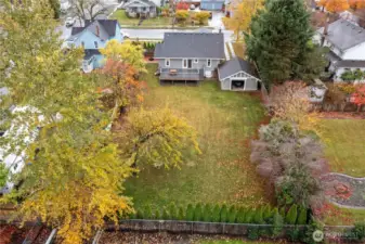 Large level private backyard with entertaining sized deck, gardening space, fruit trees and cobblestone patio. Drive through detached garage makes it easy to access tools and equipment