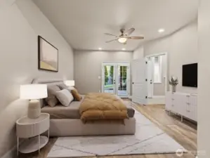 Apartment bedroom with French doors to the covered patio. Virtually staged.