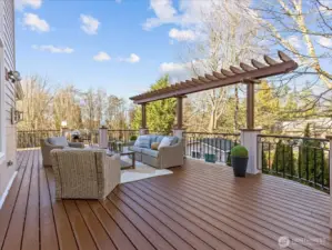Huge deck for entertaining adjacent to the kitchen. There are stairs down to the lower level.