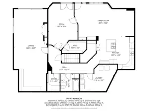 Apartment floor plan in the daylight basement. There is a separate outdoor entrance off of the Family Room area. Two car tandem garage with workbench with direct access to the apartment. Door at the bottom of the stairs does lock.
