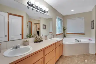 Primary en-suite bath with dual vanity, soaking tub, and separate shower.