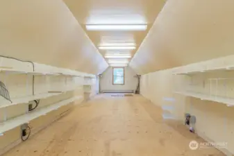 full length finished attic with pull down staircase in the primary bedroom