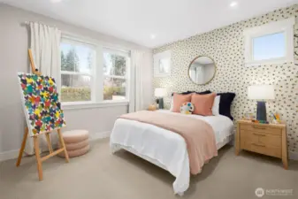 Secondary bedroom with multiple windows is a light filled oasis-photo of decorated model home