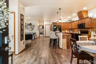 Kitchen, dining area and living space is very open.