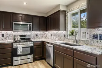 Large single Kitchen sink and an abundance of cabinets.  Kitchen window looks to back yard