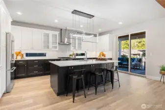 Huge kitchen, lots of cabinets and countertop space, massive kitchen island with eat-in space, premium finishes, custom light fixtures, quartz counters, glass door cabinets, and backsplash windows for increased natural light!